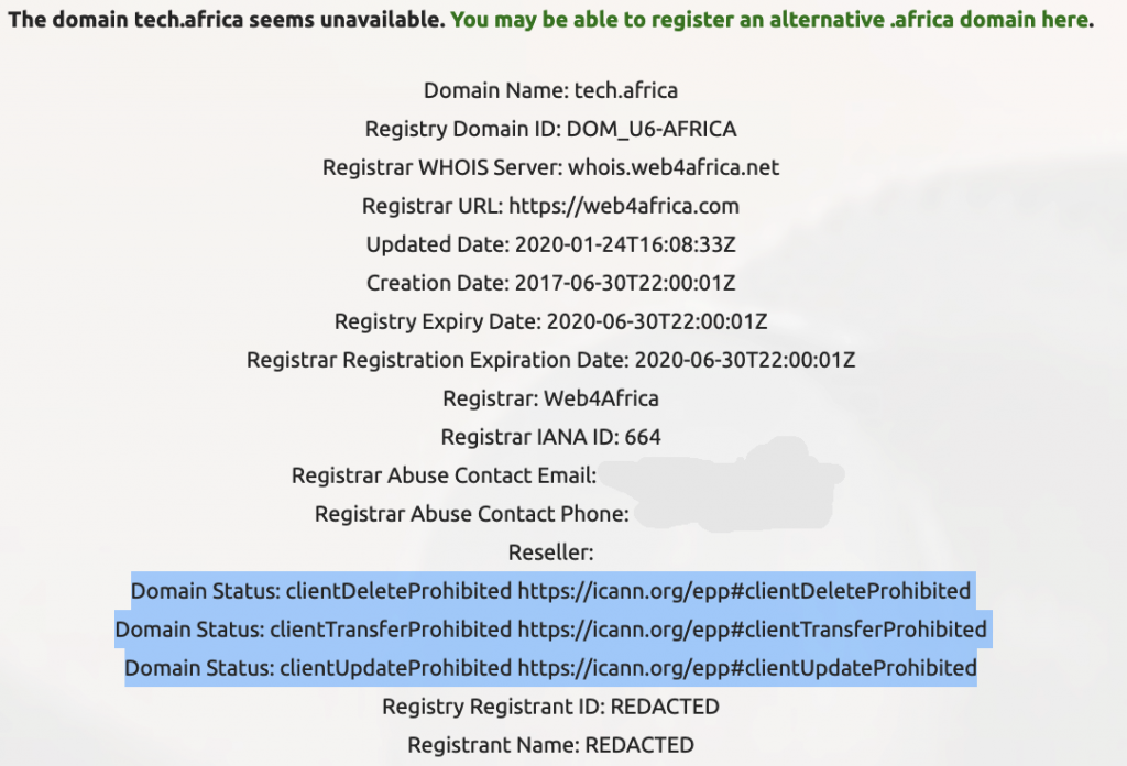 An example of a WHOIS record with Domain Status codes highlighted