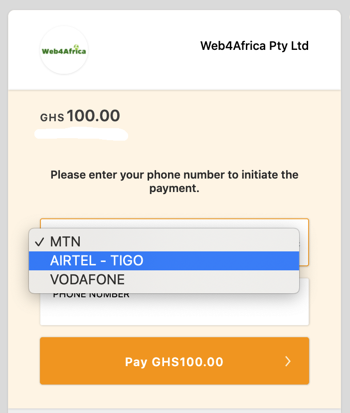 Web4Africa clients in Ghana can pay via Mobile Money.