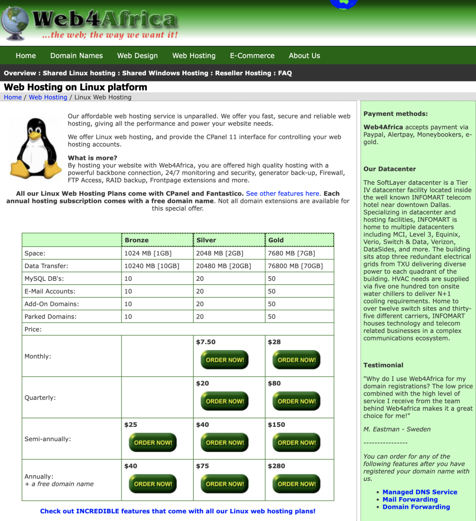 A screenshot showing our web hosting plans and prices as of 29 February 2008 - proving we have kept prices for over 15 years while delivering more value.